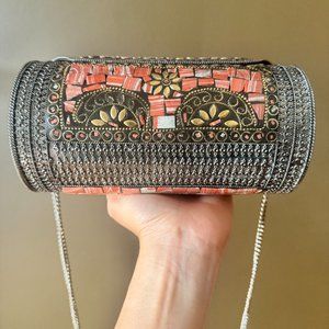 Chic Orange Mosaic Clutch with Vintage Silver Detailing and Chain Strap